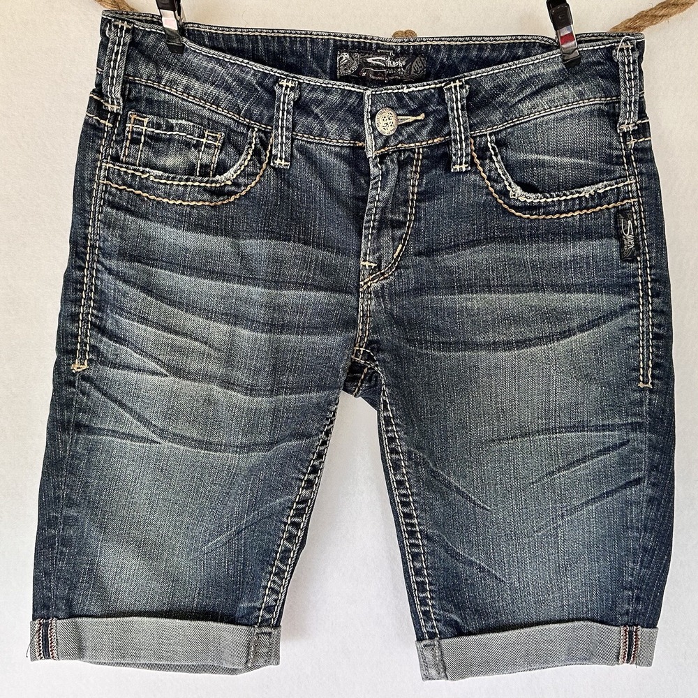 Silver Knee Length Denim Shorts Thick Stitch Stretch Women's 27 X 18 Cuffed